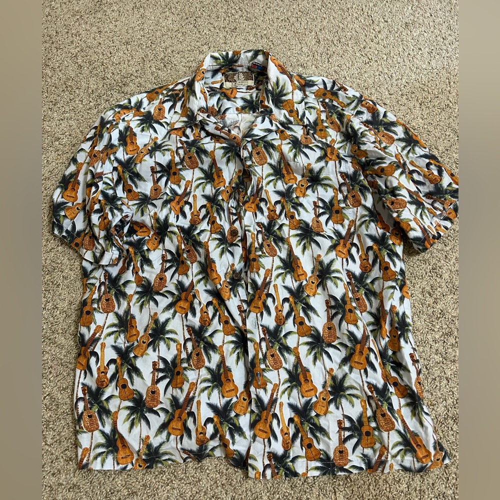 KALAHEO Men's Blue Hawaiian Guitar Print Short Sleeve Shirt USA Made Palm Trees